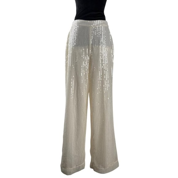 HOUSE OF HARLOW 1960 Women's Cream Sequin Wide Leg High Waist Palazzo Pants Sz 6 - Picture 1 of 13